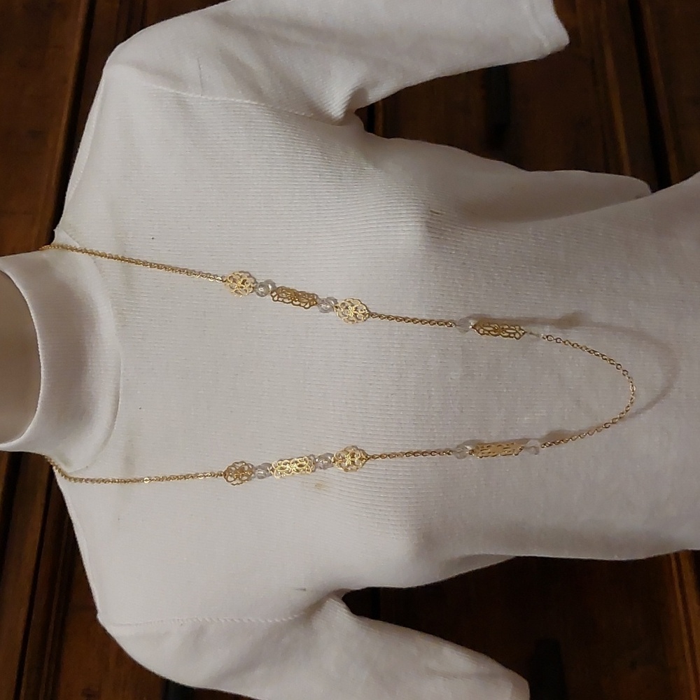 Gold Tone Faux Pearl Accent Art Deco Motif Station Necklace